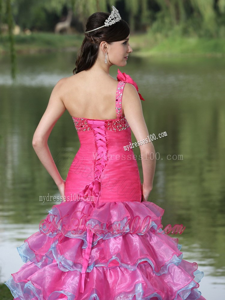 Hand Made Flower One Shoulder Prom Dresses with Ruffled Layers and Beadings