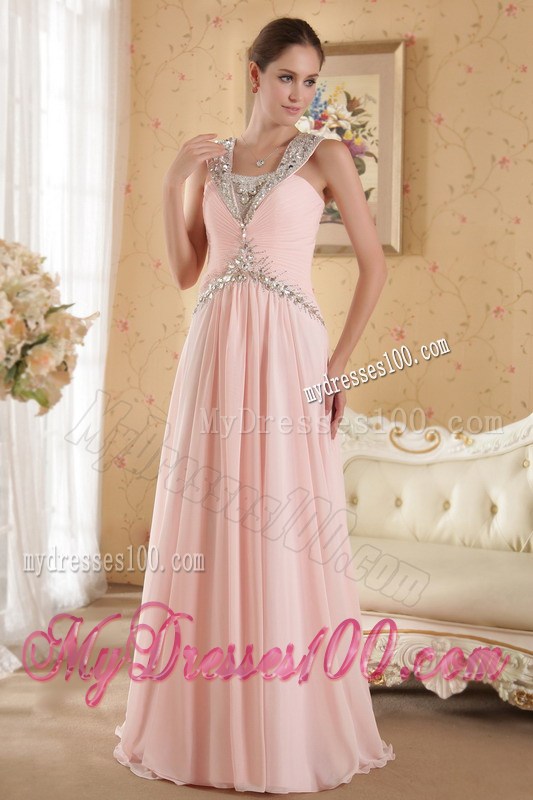 Straps Beading and Pleats Decorate Prom Gown in Baby Pink