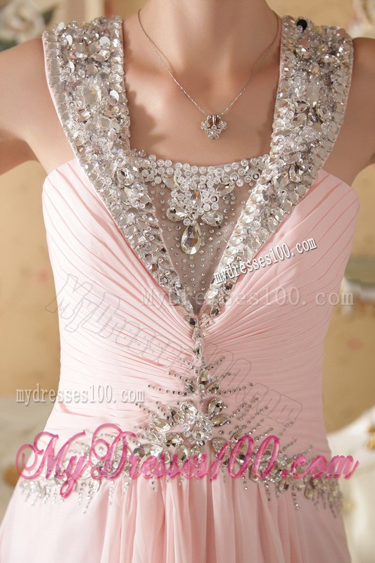 Straps Beading and Pleats Decorate Prom Gown in Baby Pink