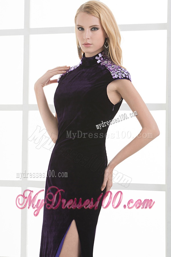 Column High-neck Cap Sleeves Dark Purple Beading High Slit Evening Dress