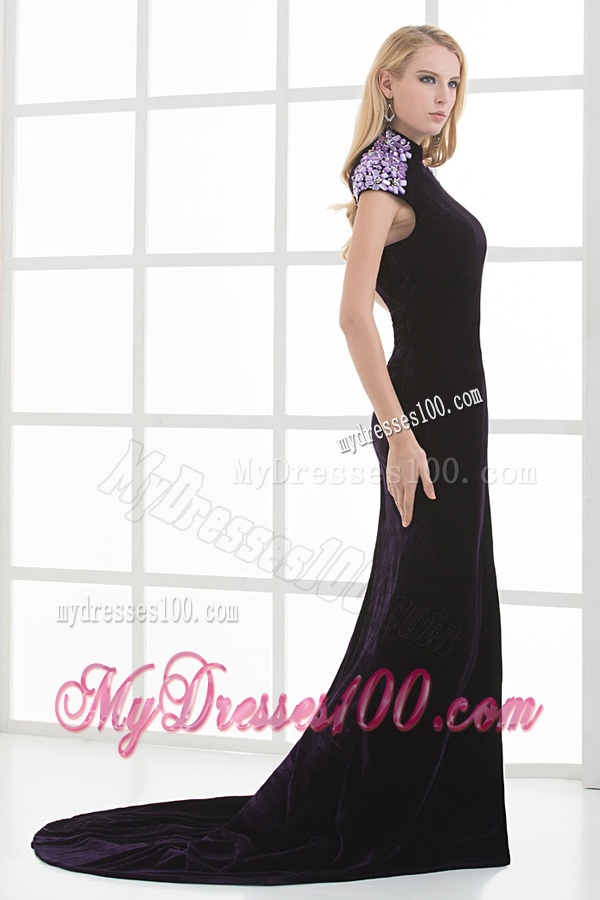 Column High-neck Cap Sleeves Dark Purple Beading High Slit Evening Dress