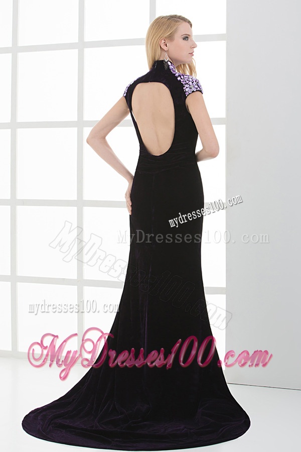 Column High-neck Cap Sleeves Dark Purple Beading High Slit Evening Dress