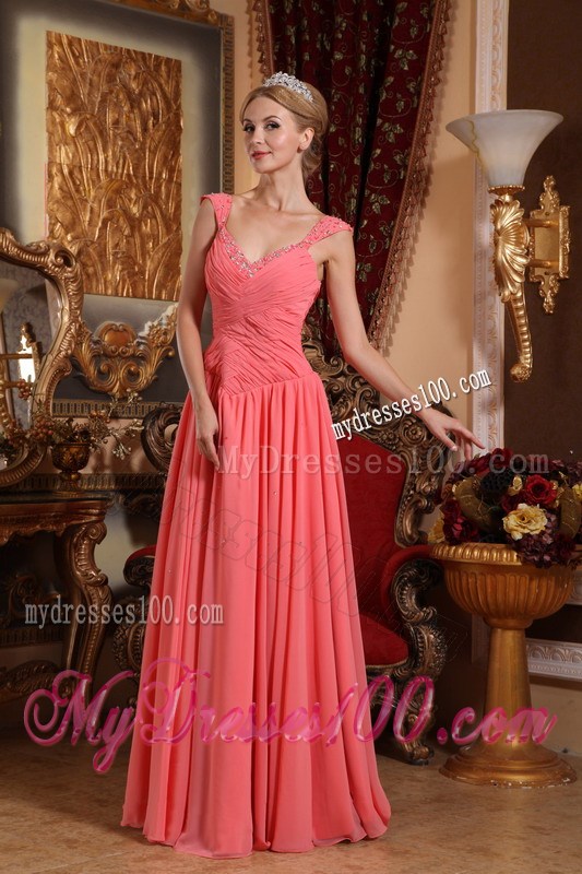 Watermelon Sheath Style for V-neck Beaded Chiffon Prom Dress