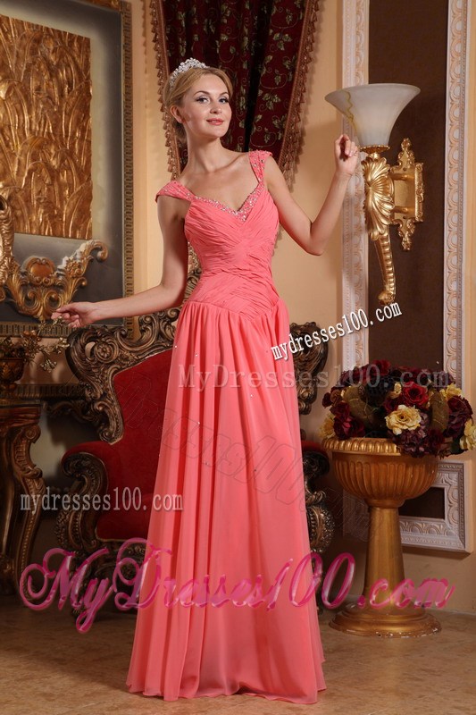 Watermelon Sheath Style for V-neck Beaded Chiffon Prom Dress