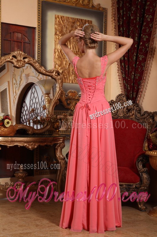 Watermelon Sheath Style for V-neck Beaded Chiffon Prom Dress
