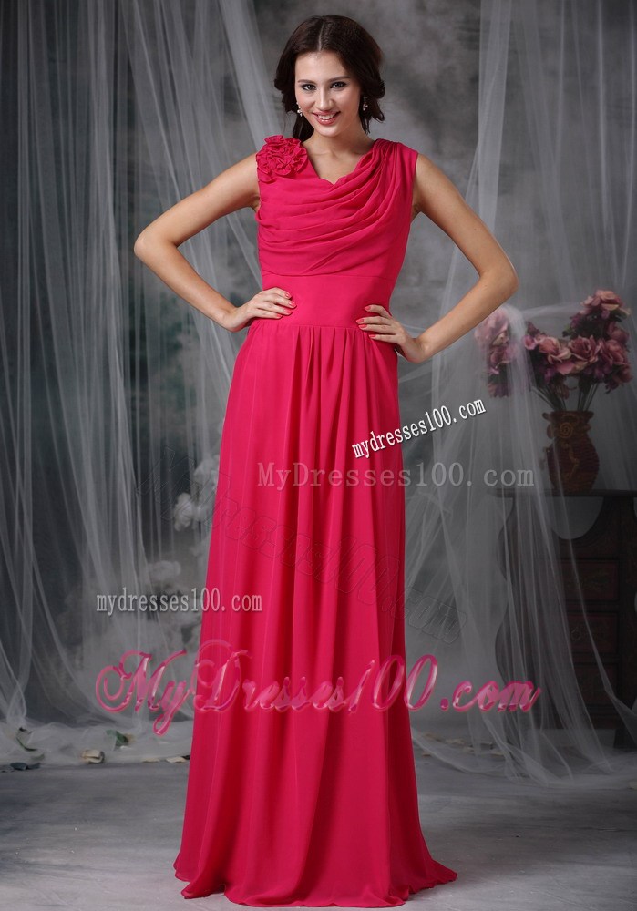 Coral Red Empire V-neck Chiffon Prom Dress Flower Decorate