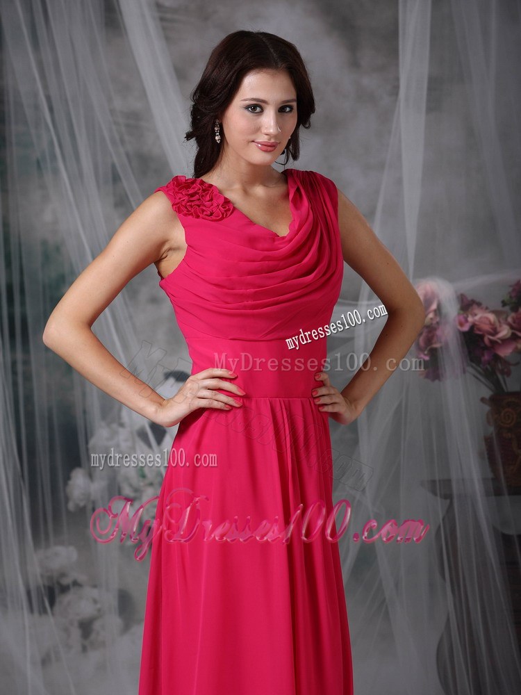 Coral Red Empire V-neck Chiffon Prom Dress Flower Decorate