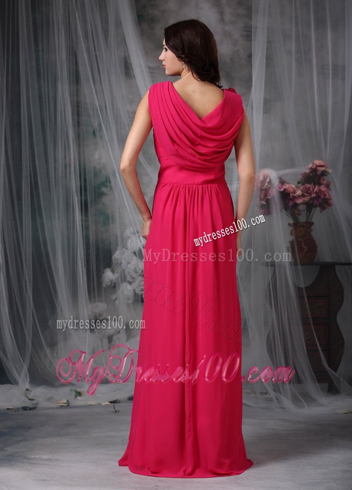 Coral Red Empire V-neck Chiffon Prom Dress Flower Decorate