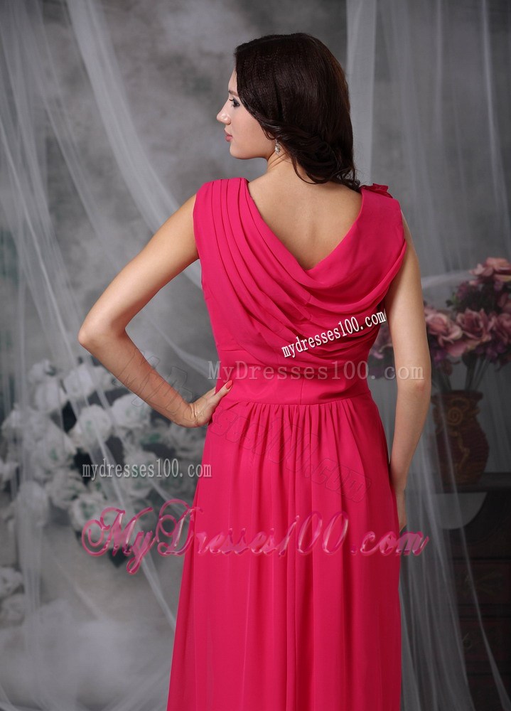 Coral Red Empire V-neck Chiffon Prom Dress Flower Decorate