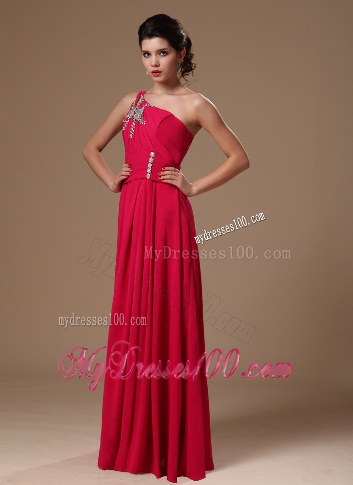 One Shoulder Coral Red Prom Dress Beaded Style for 2013 New Arrival