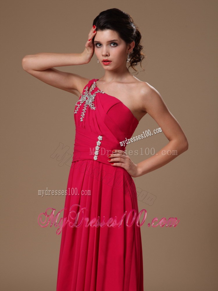 One Shoulder Coral Red Prom Dress Beaded Style for 2013 New Arrival