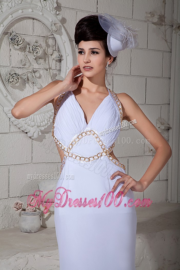 Sexy Diamond Halter Top Prom Gown in White with Back Covered