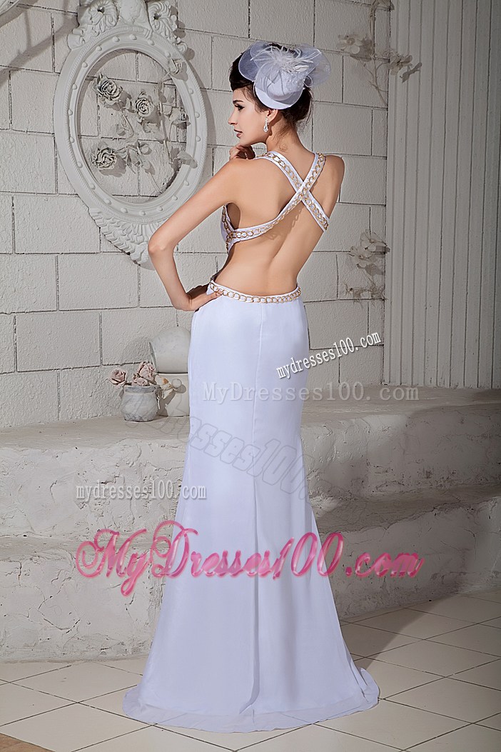 Sexy Diamond Halter Top Prom Gown in White with Back Covered