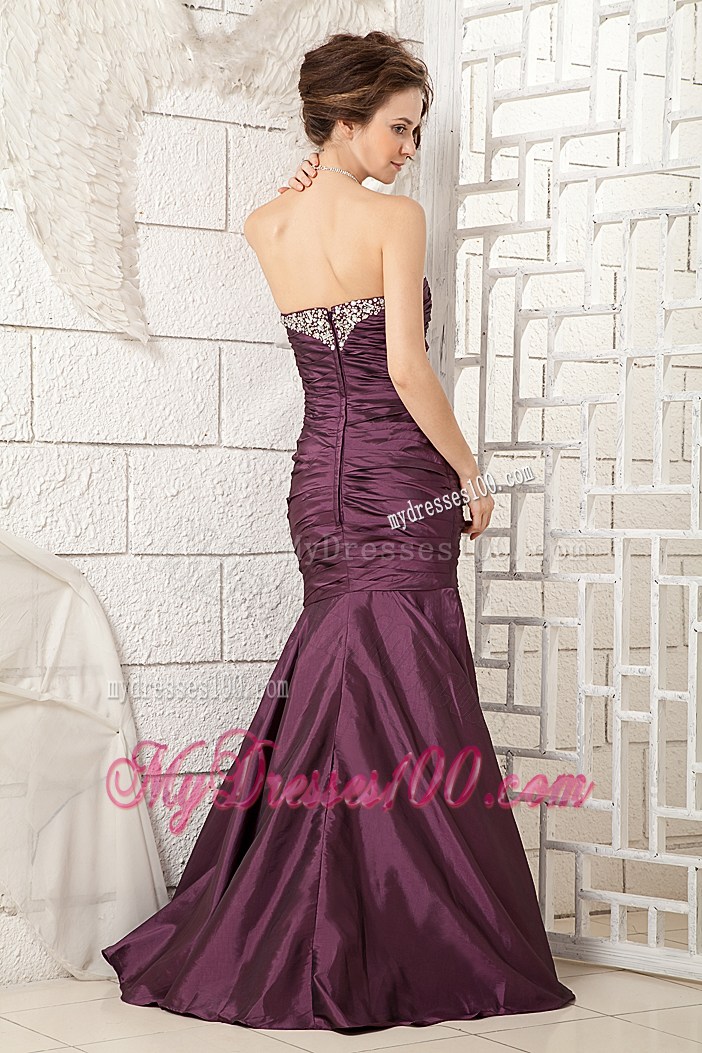 Beading and Ruches Decorate on Dark Purple Prom Dress