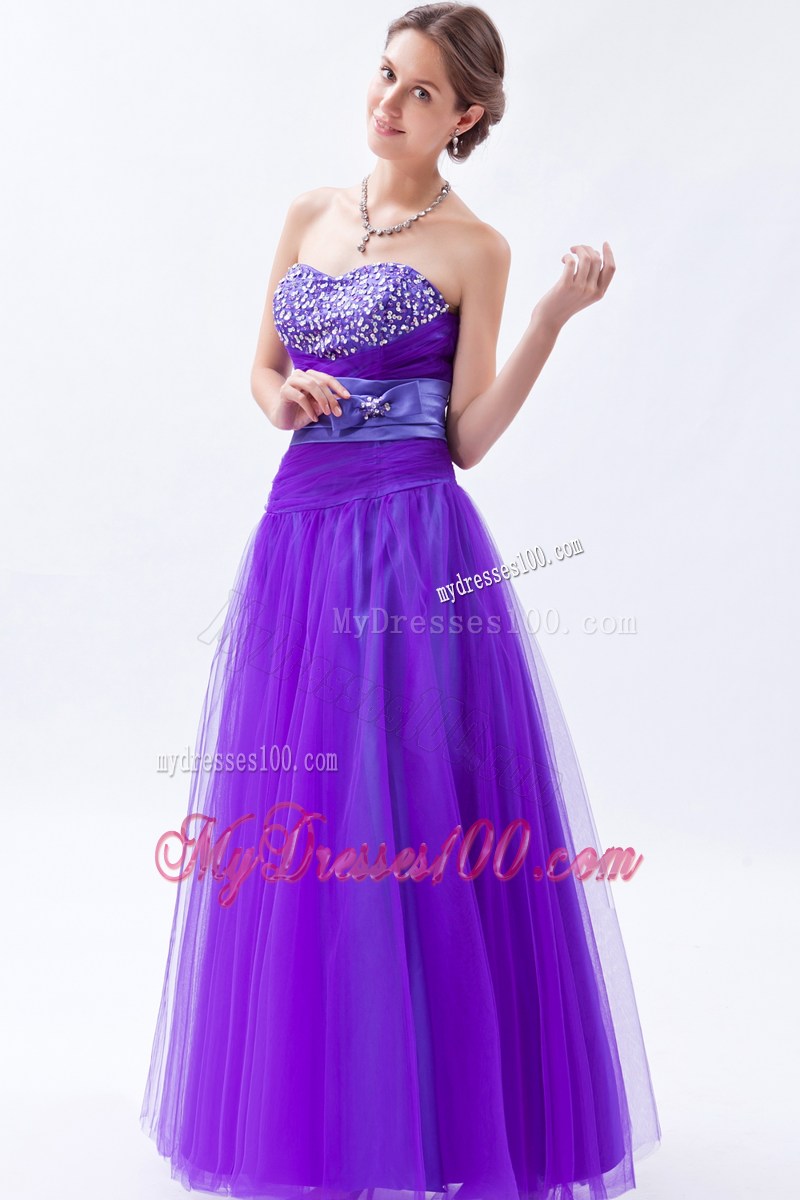 Beading and Bowknot Accent Lavender Long Prom Dress