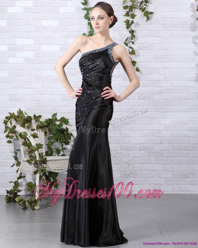 Elegant 2016 One Shoulder Black Evening Dress with Beading