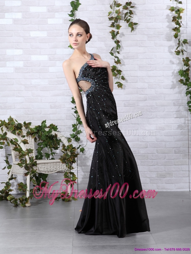 Elegant 2016 One Shoulder Black Evening Dress with Beading