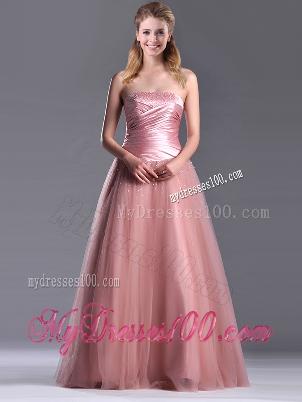 Elegant A Line Tulle Beaded Long Evening Dress in Peach