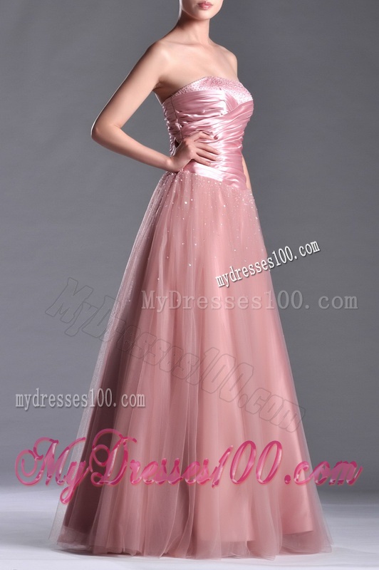 Elegant A Line Tulle Beaded Long Evening Dress in Peach