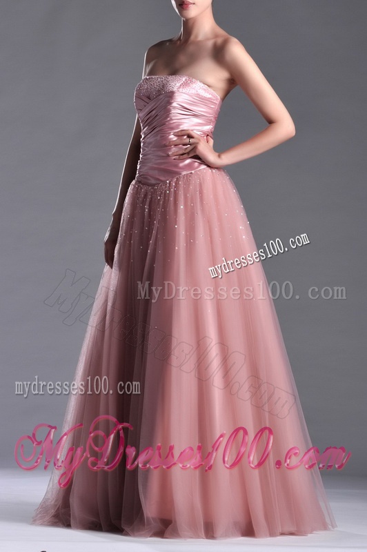 Elegant A Line Tulle Beaded Long Evening Dress in Peach