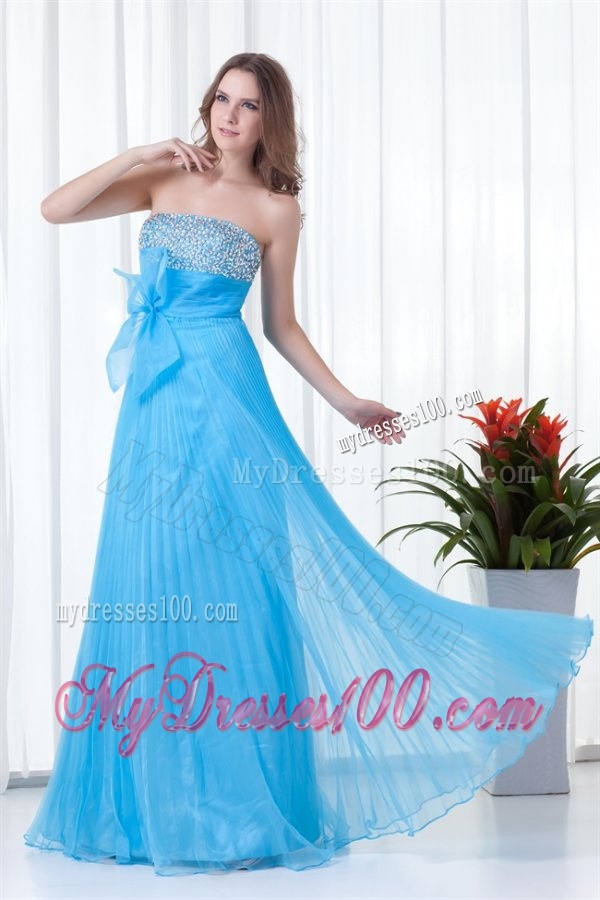 Elegant Empire Strapless Beading Chiffon Aqua Blue Floor-length 2016 Evening Dress