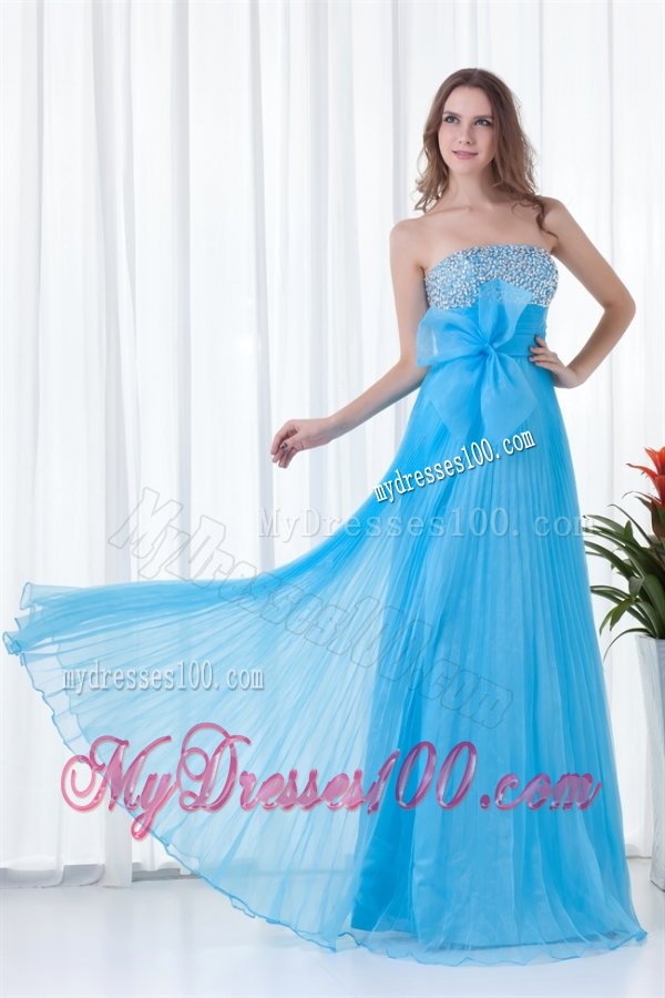 Elegant Empire Strapless Beading Chiffon Aqua Blue Floor-length 2016 Evening Dress