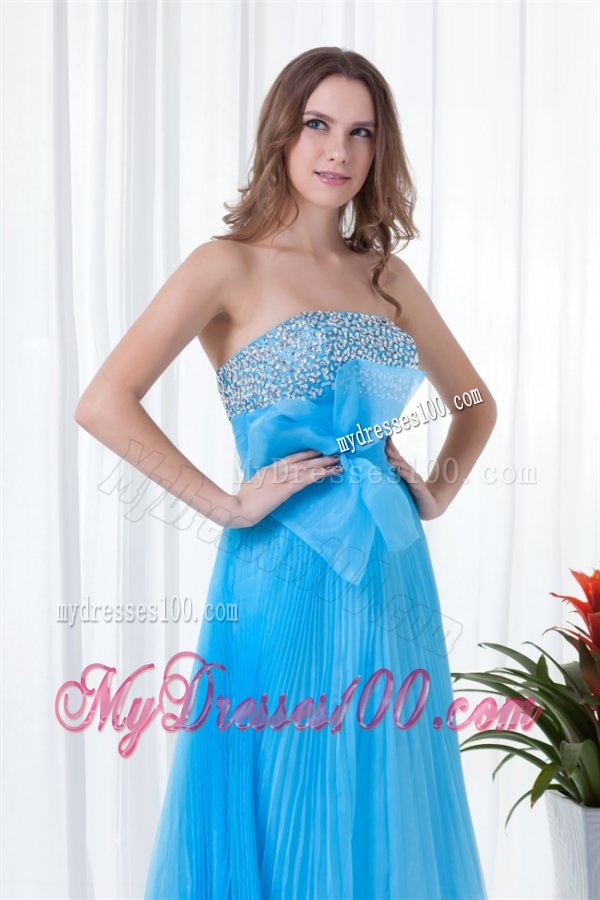 Elegant Empire Strapless Beading Chiffon Aqua Blue Floor-length 2016 Evening Dress