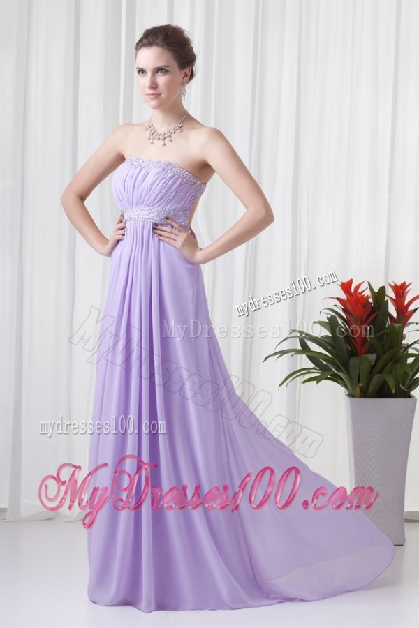 Elegant Empire Strapless Court Train Beading Lavender Evening Dress with Backless