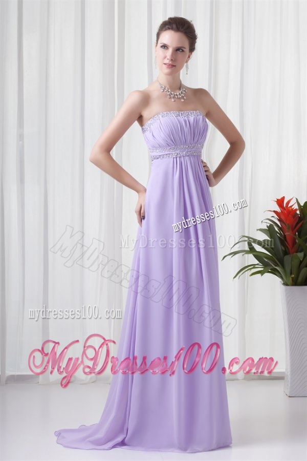 Elegant Empire Strapless Court Train Beading Lavender Evening Dress with Backless
