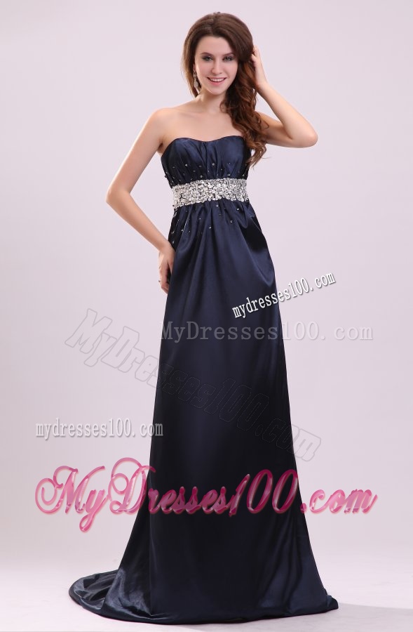 Elegant Empire Strapless Navy Blue Elastic Woven Satin Beading Evening Dress with Brush Train