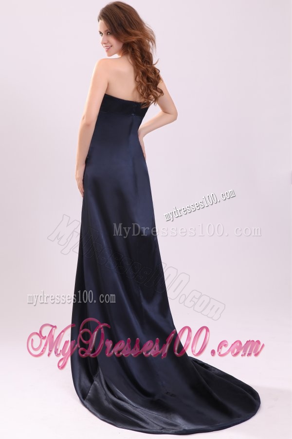 Elegant Empire Strapless Navy Blue Elastic Woven Satin Beading Evening Dress with Brush Train