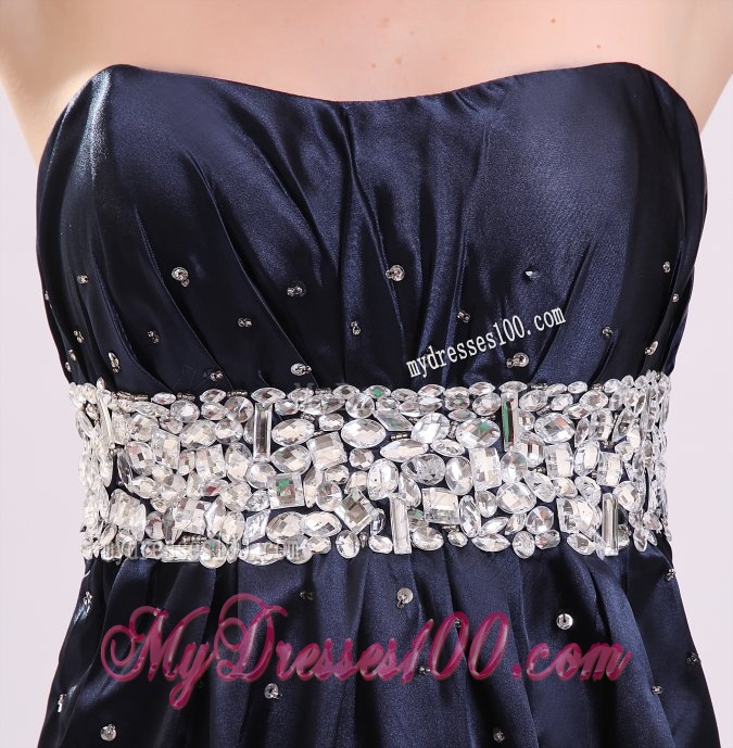 Elegant Empire Strapless Navy Blue Elastic Woven Satin Beading Evening Dress with Brush Train