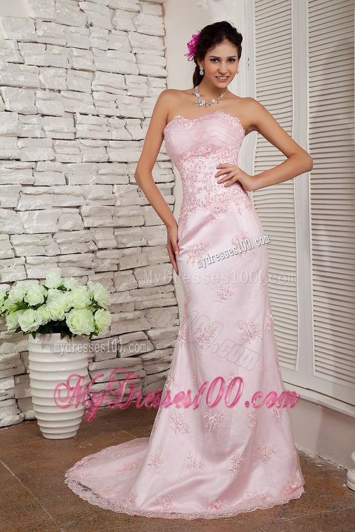 Appliqued Baby Pink Dresses for Prom with Brush Train