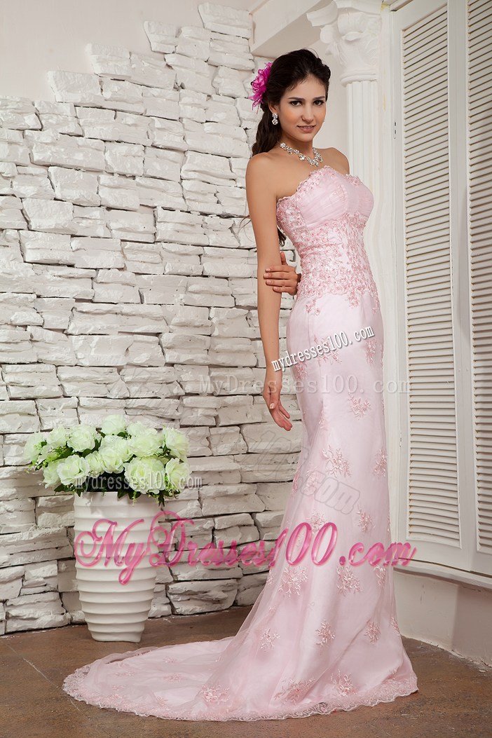 Appliqued Baby Pink Dresses for Prom with Brush Train