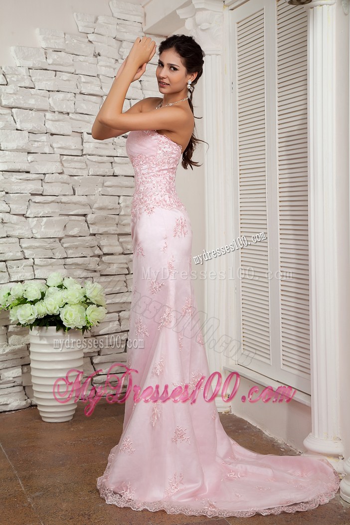 Appliqued Baby Pink Dresses for Prom with Brush Train