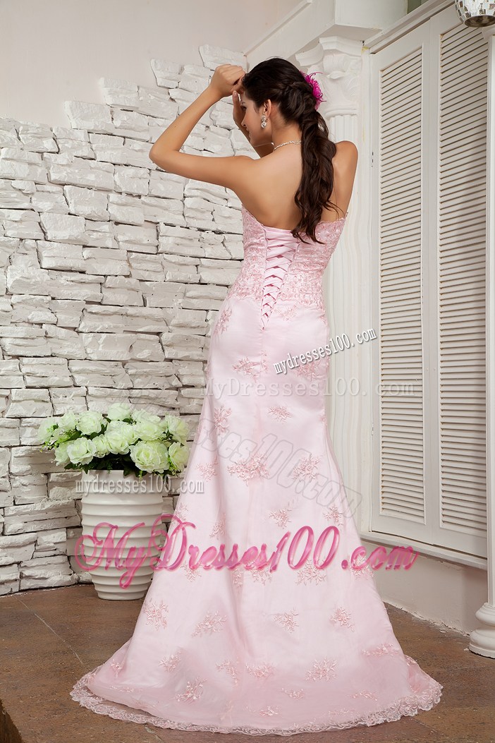 Appliqued Baby Pink Dresses for Prom with Brush Train