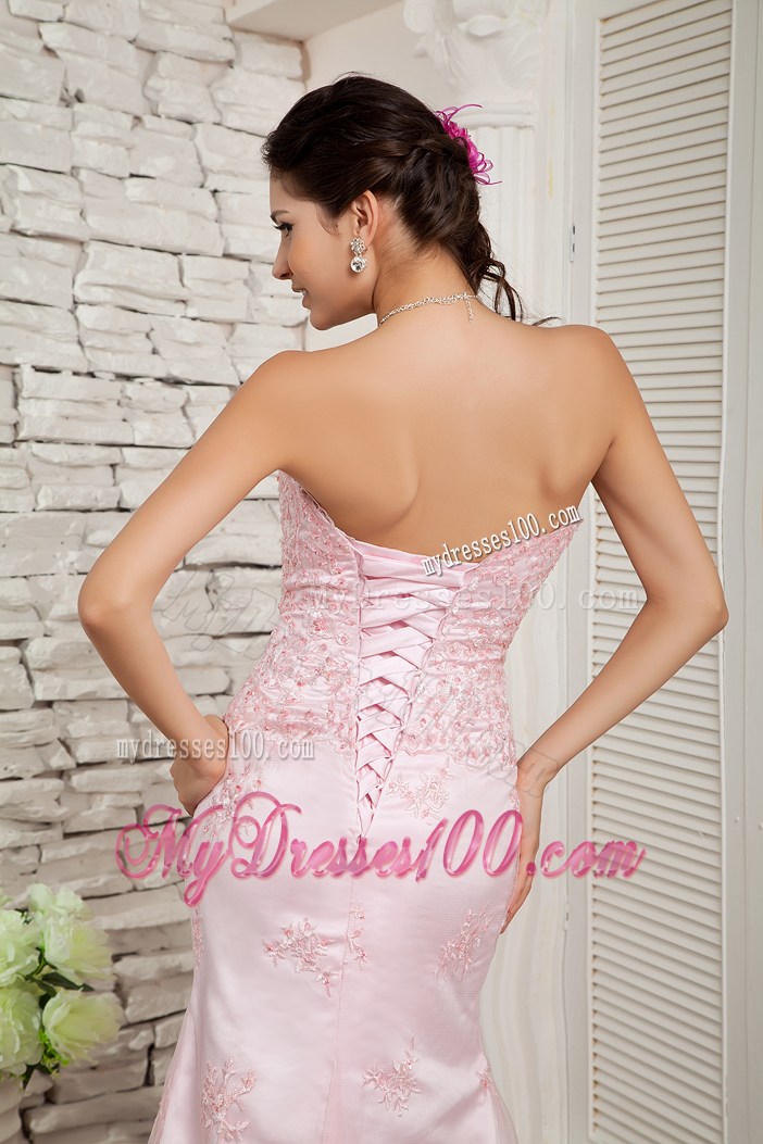 Appliqued Baby Pink Dresses for Prom with Brush Train