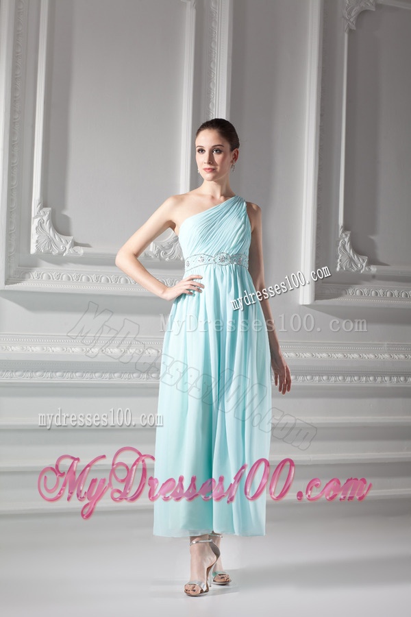 Empire Light Blue One Shoulder Beading and Ruching Evening Dress
