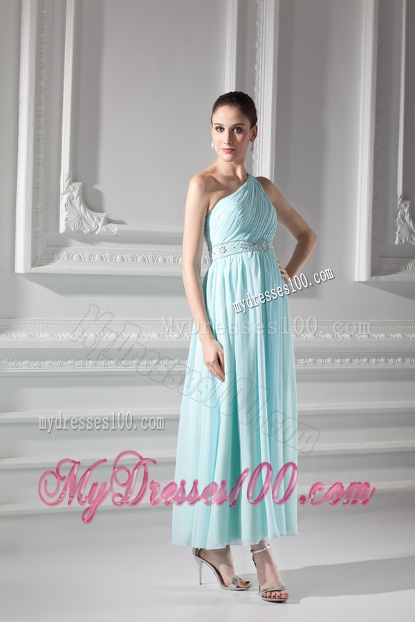 Empire Light Blue One Shoulder Beading and Ruching Evening Dress