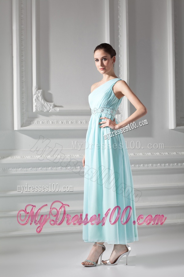 Empire Light Blue One Shoulder Beading and Ruching Evening Dress