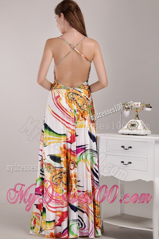 Straps Backless Empire Prom Dresses with Colorful Pattern