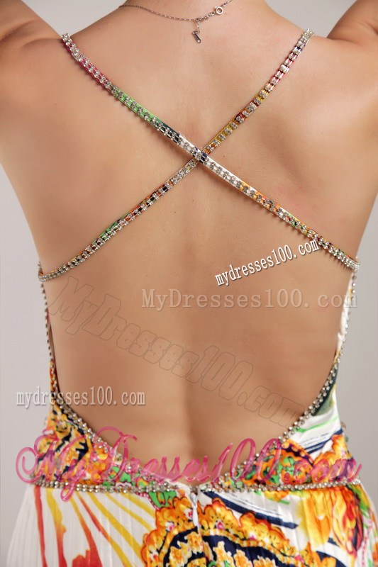 Straps Backless Empire Prom Dresses with Colorful Pattern