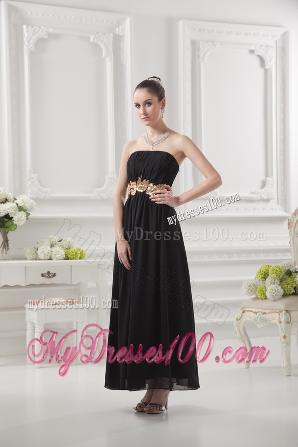 Empire Strapless Belt Black Ruching Ankle-length Evening Dress