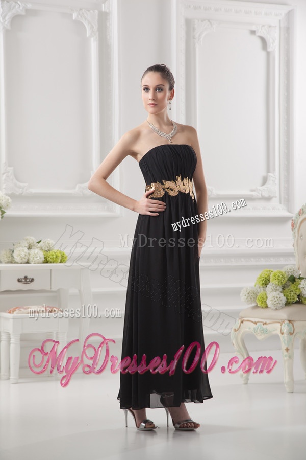 Empire Strapless Belt Black Ruching Ankle-length Evening Dress