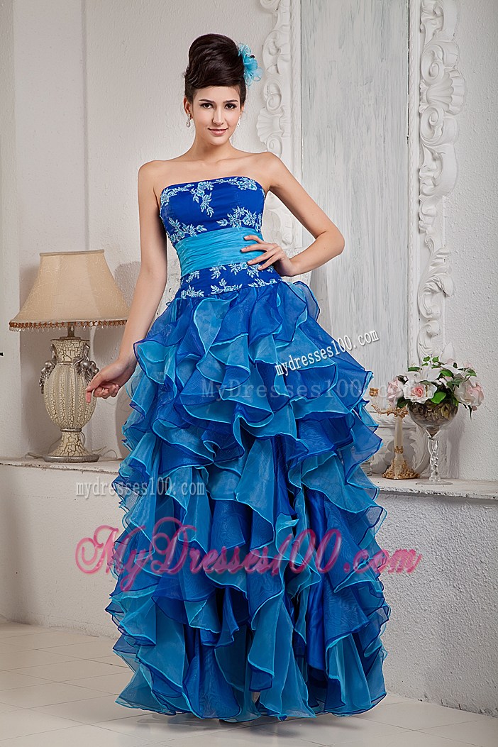 Strapless Embroidery and Ruffles Prom Gown with Ruched Sash