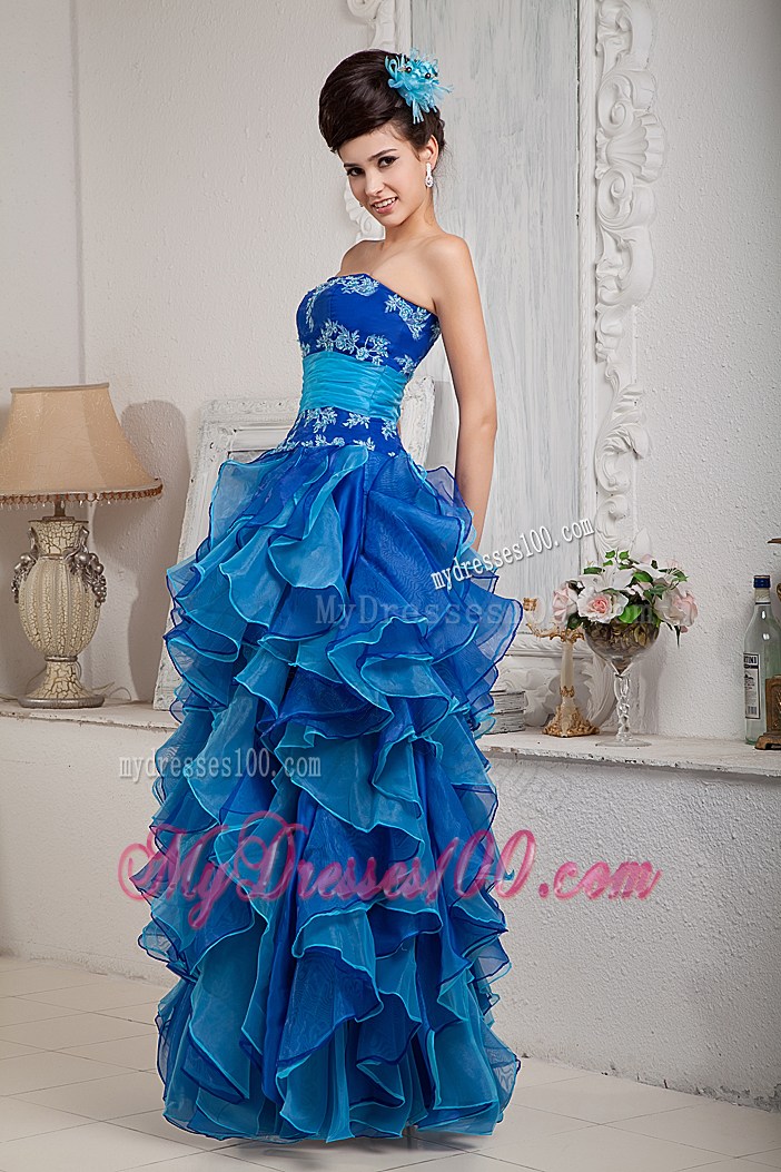 Strapless Embroidery and Ruffles Prom Gown with Ruched Sash