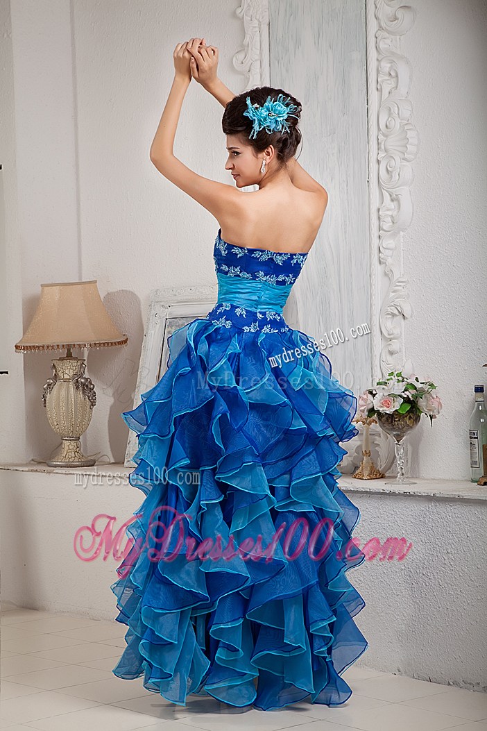 Strapless Embroidery and Ruffles Prom Gown with Ruched Sash