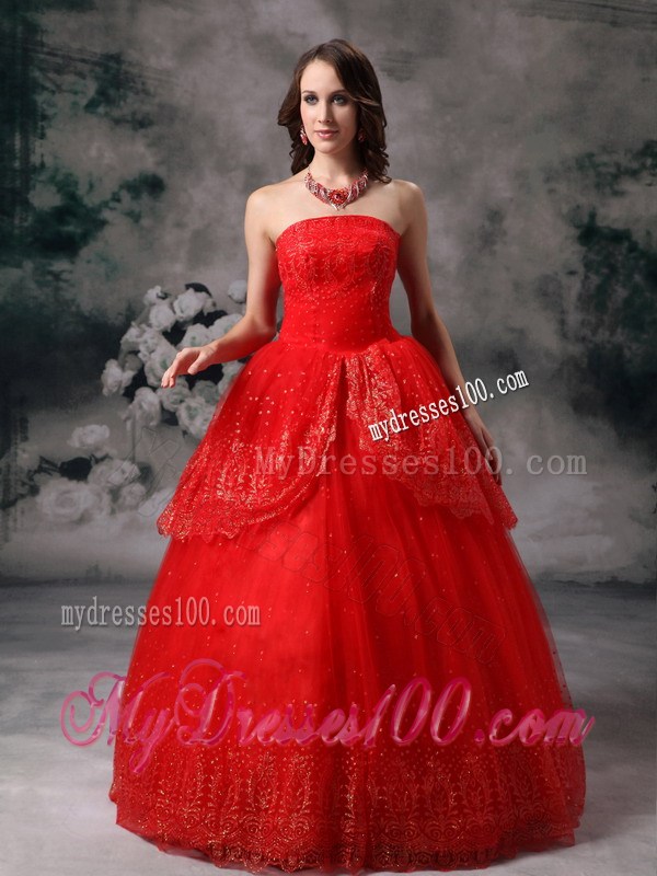 Strapless Ball Gown Prom Dress in Hot Pink with Sequined Lace Hemline