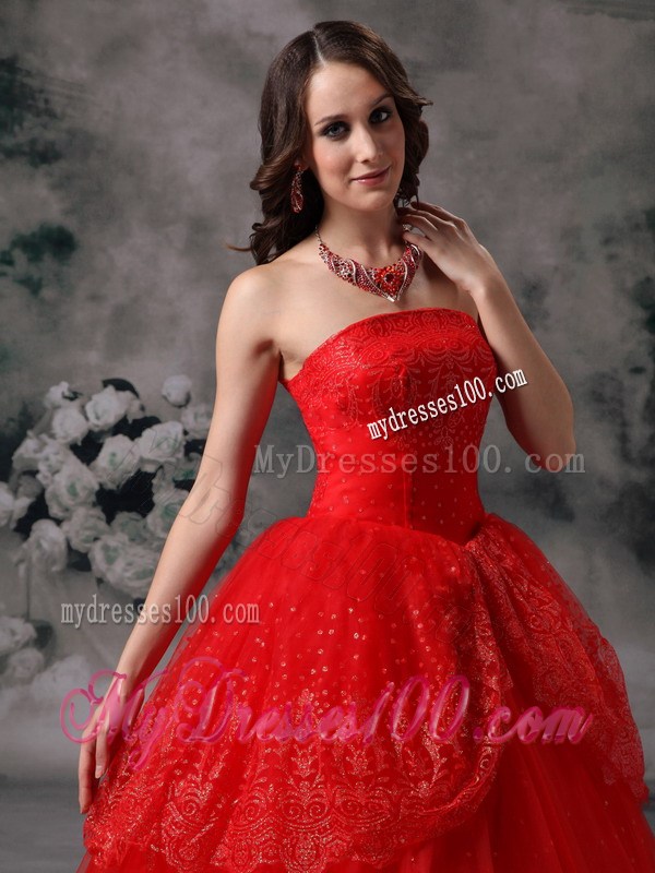 Strapless Ball Gown Prom Dress in Hot Pink with Sequined Lace Hemline