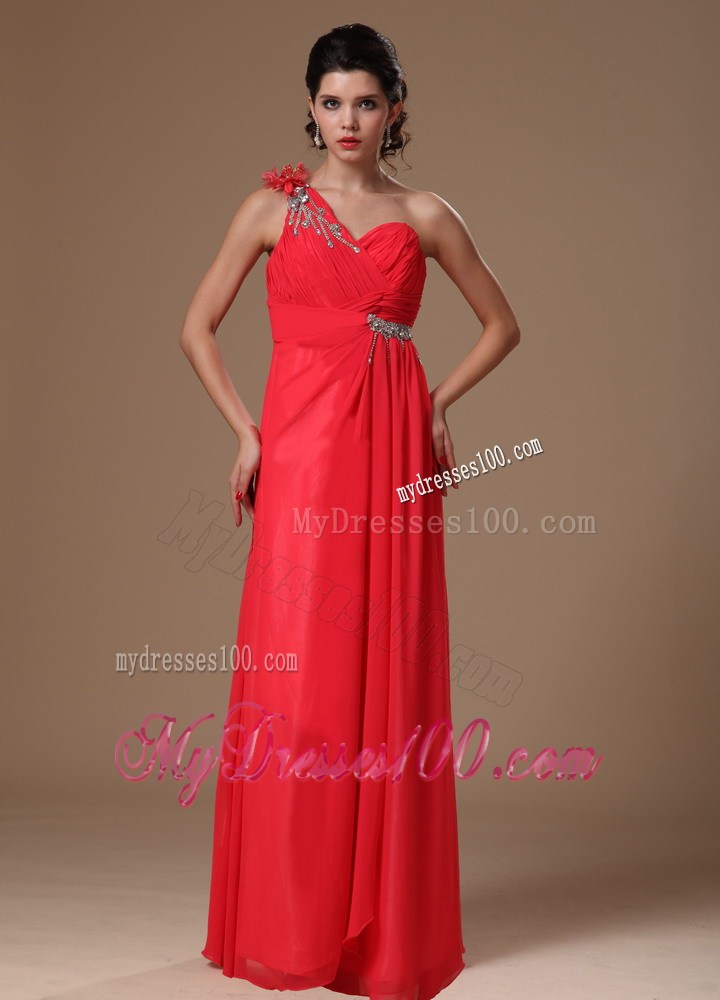 Coral Red One Shoulder Prom Dress Empire Style Beading Decorate